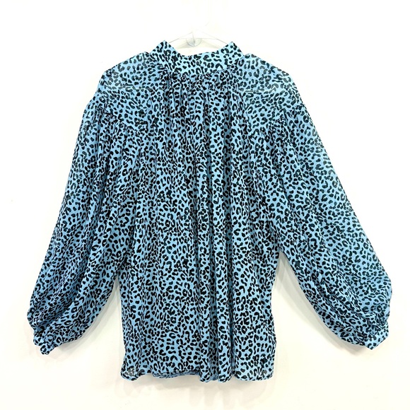 ASOS Blue Black Cheetah Print Semi Sheer Oversized Puff Sleeve Flowy Poet Blouse - Picture 1 of 16